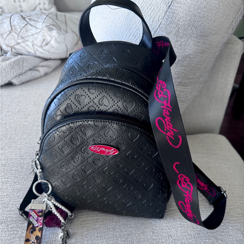 Auth. Ed Hardy Black Embossed Heart Backpack